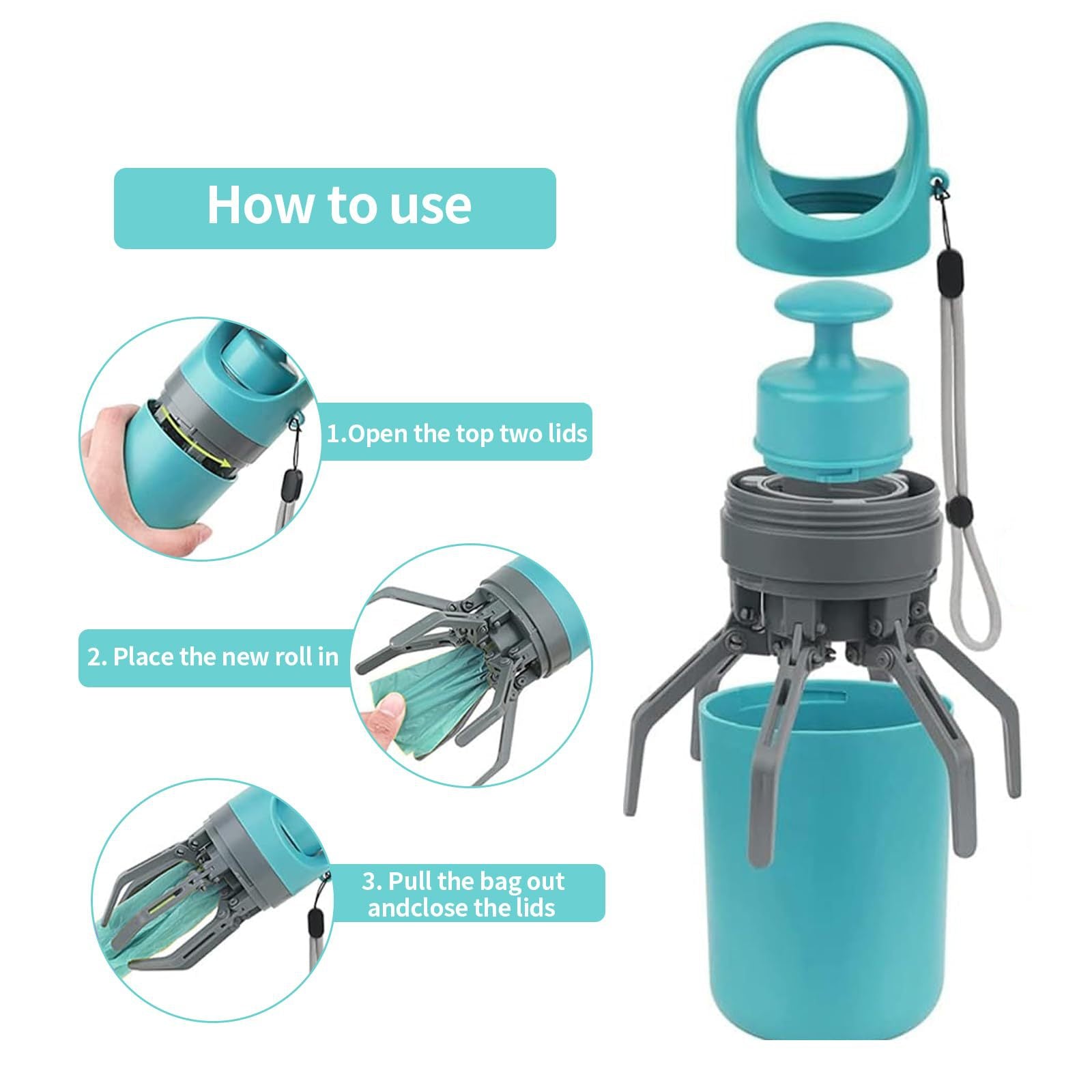 Portable Pet Waste Picker with Bags – 6-Claw Pooper Scooper for Dogs, Lightweight & Detachable